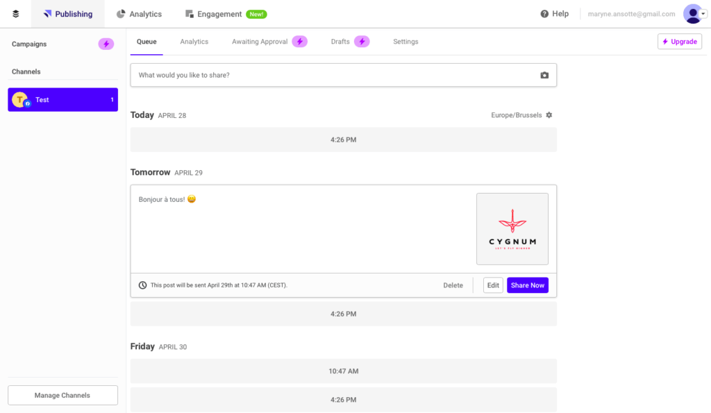 outil pour programmer ses posts sur les réseaux sociaux : Buffer. Découvrez le tableau comparatif de CYGNUM des différents outils pour planifier ses posts réseaux sociaux