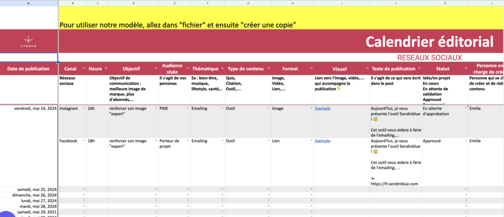 template gratuit de calendrier éditorial réseaux sociaux via google sheet - créé et édité par Cygnum.be